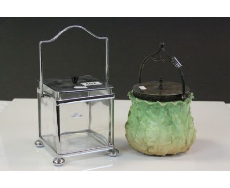 Art Deco Glass and Chrome Biscuit Barrel 12cms and 19th century Ceramic Leaf Design Biscuit Barrel with Silver Plated Lid and