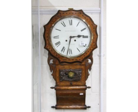 Late Victorian Walnut and Inlaid Hanging Wall Clock, the white face marked ' David Hughes, Ffestiniog ', Eight Day, 79cms hig