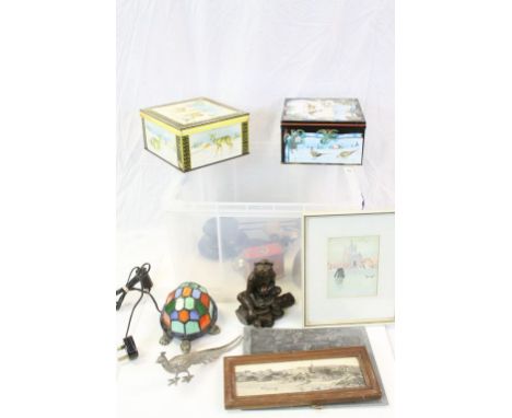 Mixed Lot comprising Christmas and other Advertising Tins, Tortoise Table Lamp, Resin Figure of a Monkey, etc