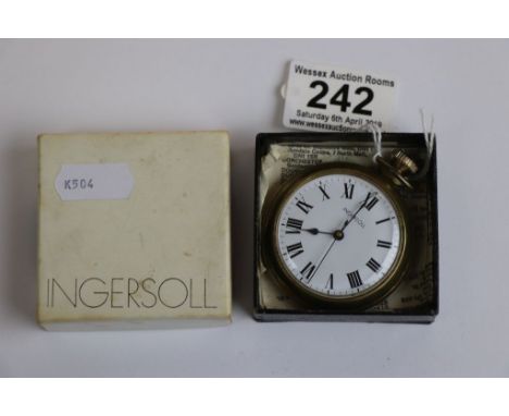 Ingersoll open face top wind pocket watch, black Arabic numerals and poker hands, white enamel dial with Ingersoll cardboard 