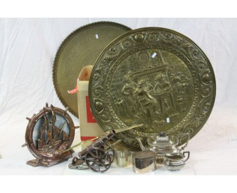 Box of mixed metalware to include; Horse Brasses, Silver plated teaset, Caddy, Brass eagle, fire tools, two large Brass trays