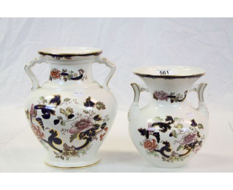 Two Mason's Ironstone ceramic Bulbous Vases with twin handles, both in "Mandalay" patter, the larger standing approx 25.5cm t