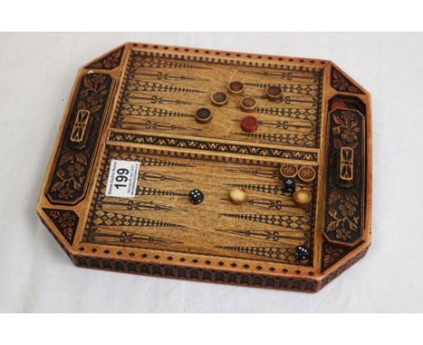 Resin backgammon board and counters, floral decoration in relief