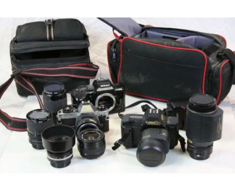 Canon T80 35mm Single Lens Reflex Camera with Lens and Flash Gun contained in a Soft Camera Case together with Two Nikon Came