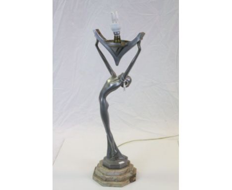 Art Deco Cast Aluminium lamp in the form of a Nude female and on an Octagonal stepped Marble base, stands approx 63cm, not co