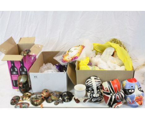 Large Collection of Face Masks including Ceramic, Metal, Feather, etc together with two Carltonware Walking Mugs