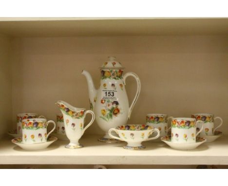 Royal Doulton Art Deco ceramic Coffee set H4045 with Tulip decoration to include, coffee pot, cream jug, sugar bowl plus six 