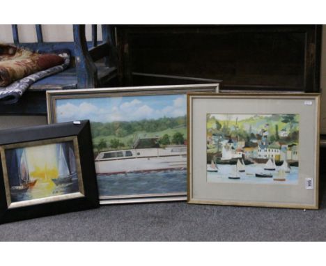 Oil on Board Motor Launch on a River together with Two other Boating Pictures, one bearing signatures Richard Toft and C F Wi