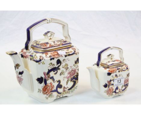 Two Mason's Ironstone ceramic Teapots in "Mandalay" pattern, the larger one stands approx 23cm to top of the handle