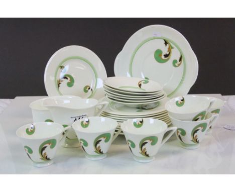Art Deco Royal Doutlon ' Lynn ' Tea Service including Milk Jug, Sugar Bowl, 2 Sandwich Plates, 9 Tea Plates, 6 Tea Cups and 6