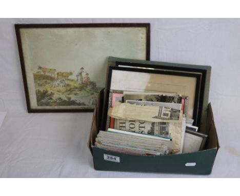 Collection of 20th century postcards, two photograph frames, two framed etchings, an empty postcard album and a framed print