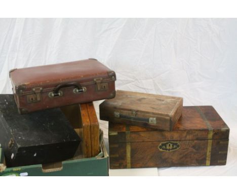 Four vintage boxes and a Suitcase to include a Brass bound Writing slop for restoration