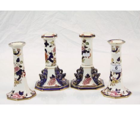 Two pairs of Mason's Ironstone ceramic Candlesticks in "Mandalay" pattern, both different designs, the taller pair approx 18c
