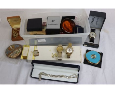 Simulated pearls in Lotus box with paperwork, Gents wristwatches to include Timex, Sekonda, Compacts, silver pendant necklace