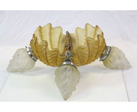 Large Art Deco Clamshell &amp; Torchere design Glass hanging light with Chrome fittings and hanging chain, approx 66cm across
