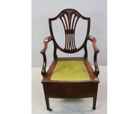 Cooper &amp; Holt Sheraton Revival Mahogany Inlaid Elbow Commode Chair with Shield Shape Back carved with Sheath of Wheat