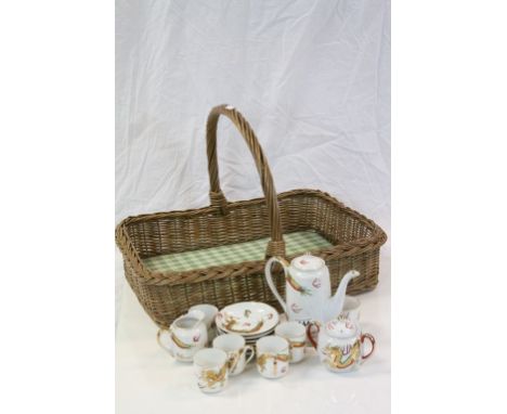 Vintage Wicker Bread Basket together with  Japanese Eggshell Geisha Lithophane Dragonware Hand Painted Tea Set