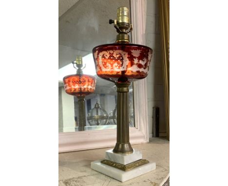 ETCHED GLASS RUBY OIL LAMP 45CMS (H) APPROX
