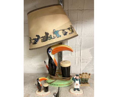 EARLY CARLTONWARE GUINESS TOUCAN TABLE LAMP WITH SHADE &amp; OTHER GUINESS RELATED FIGURES