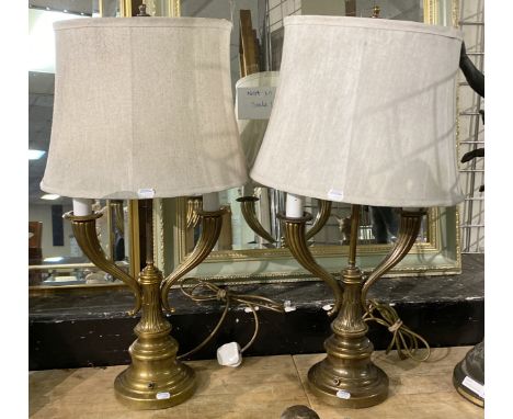 PAIR OF BRASS TWIN LIGHT TABLE LAMPS - 73 CMS (H) APPROX
