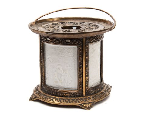Lithophane Night Light Holder : with four panels, embossed brass surround, fitted lid, carrying handle and light holder, 125 