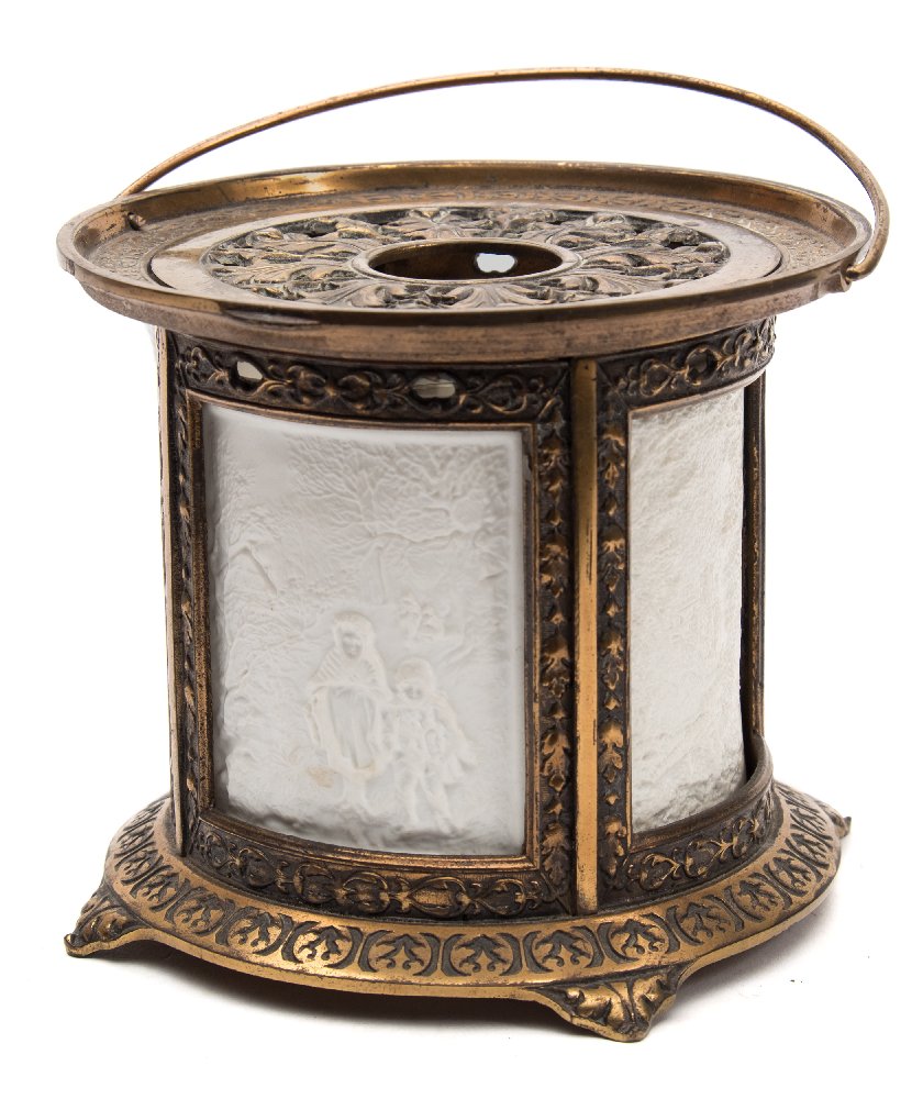 Lithophane Night Light Holder with four panels, embossed brass