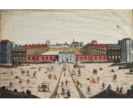 Transformation View : hand coloured transformation print, 405 x 270 mm, unidentified European palace, hold to the light and t