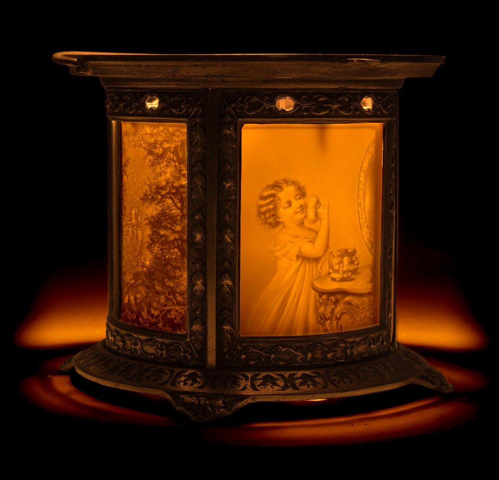 Lithophane Night Light Holder with four panels, embossed brass