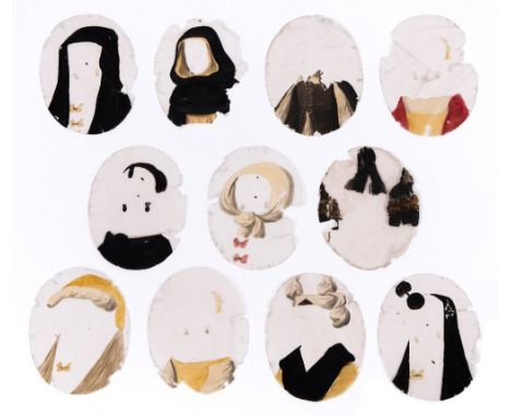 A group of eleven early 19th century oval mica hand painted transformation slides:, each with separate hair or hat printed fo