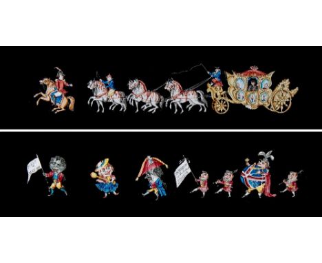 Two hand painted panoramic magic lantern slides of the Royal Carriage Procession to the opening of the Great Exhibition in 18