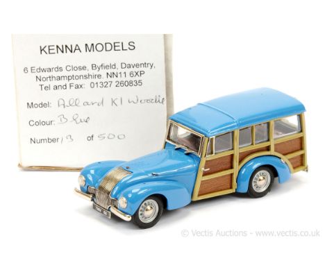 Kenna Models (White Metal) Allard K1 Woodie - blue body, wood effect side and rear panels, chrome trim - Mint in a Good Plus 