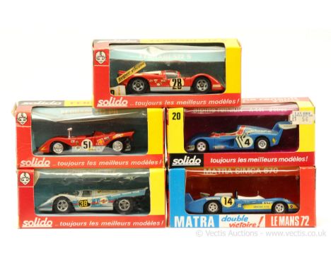 Solido a group of Racing Cars to include 20 Alpine Renault A441 - blue, racing number 4; 14 Matra 670 - blue, white, racing n