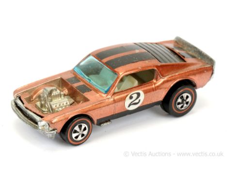 Hot Wheels (Mattel) - Redline - Mustang Boss Hoss - metallic brown (copper), black stripes, racing number 2 labels on doors -