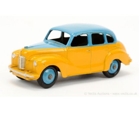 Dinky 40d (152) Austin Devon Saloon - two-tone yellow, mid-blue including ridged hubs with black smooth tyres, silver trim - 