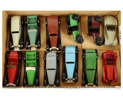 Dinky group of (restored/repainted) to include Austin "Taxi"; Jaguar SS100; 2-seater Sports Car; 2 x 4-seater Sports Car plus