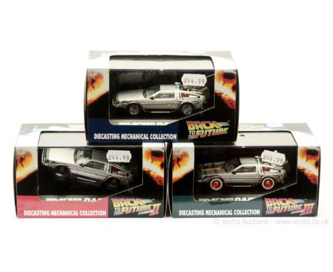 Skynet - "Back to the Future" - Delorean (1/43rd scale) a group of three to include (1) Episode 1 - silver, chrome; (2) Episo