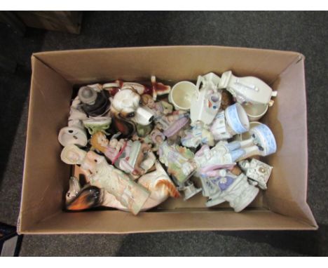 A box of mainly Continental porcelain figures, ceramic dog figures, etc a/f   