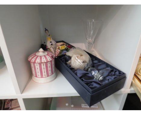 Mixed items including Royal commemorative ale glasses, ceramic posies, lidded preserve pot and decorative figures 