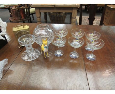 A Babycham deer and set of six glasses with a Bohemia pinwheel lead crystal vase and carriage clock 