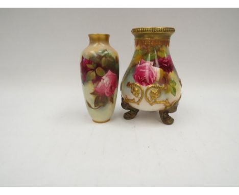 Two Royal Worcester rose blush painted vases, shape 2491 of slender form and shape 91019 (minus lid and restored feet).  Tall