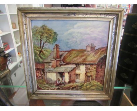 A large hand-painted Minton's tile with handwritten "7168 HTG" on reverse in a gilt frame, 20cm x 20cm