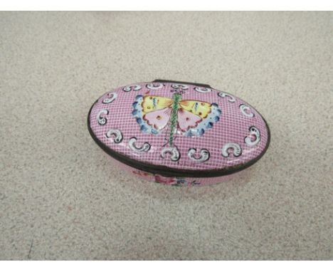 A late 18th/early 19th Century pink gingham ground enamelled oval snuff box with butterfly to lid