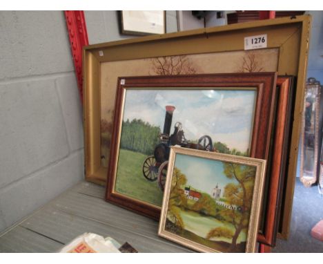 Four naive paintings including traction engine, a farmer ploughing with horses, Diss Mere and Wacton Common
