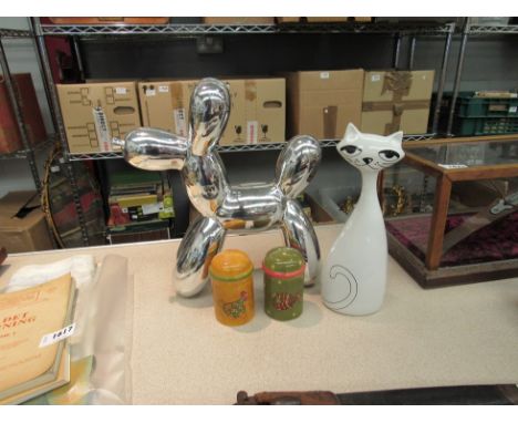 A silvered ceramic dog balloon piggy bank, ceramic cat figure and a salt and pepper with hen design (4)   