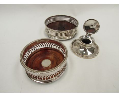 A silver wine coaster, another plated example and a silver inkwell (a/f)