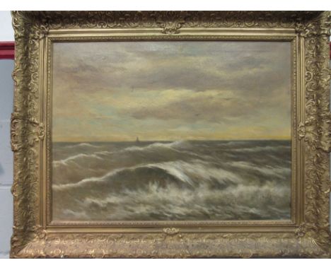 An oil on canvas of a seascape with yacht in the distance.  Indistinctly signed lower right.  Restored.  Framed.  58.5cm x 78