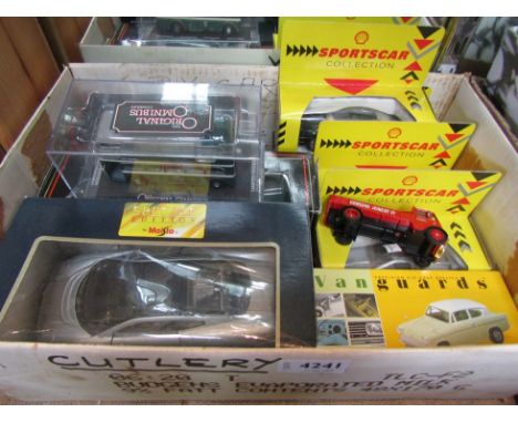 Assorted boxed diecast vehicles including Vanguards, EFE buses, Shell Sportscar Collection, Maisto Jaguar XJ220 and Original 