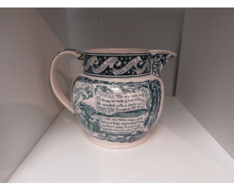A Wedgwood blue and white transfer ware jug, possibly a prototype pattern decorated with a portrait of William Shakespeare on