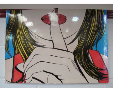 A Pop Art image Roy Lichtenstein style entitled 'Sssshhh' by Deborah Azzopardi of woman holding finger to her lips, printed i