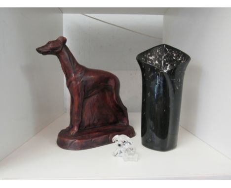 A Richmond Collection figure of a greyhound, crystal dog with bone and a ceramic petal shaped vase (3)